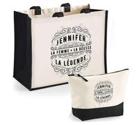 Duo Cabas Jute et Trousse Noire Jennifer Déesse Légende | Cadeau Anniversaire Fête des Mères Noël Sac de Courses Pochette Maquillage Cabas Femme Shopping