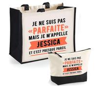 Duo cabas jute et trousse noire Jessica Parfaite Cadeau humour femme Anniversaire Noël fête des Mères Mamie | Sac shopping courses et pochette
