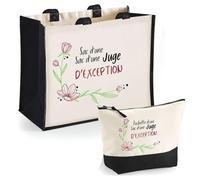 Duo cabas jute et trousse noire Juge d'exception Cadeau humour femme Collègue Travail Retraite Remerciement Secret Santa sac shopping courses pratique pochette rangement