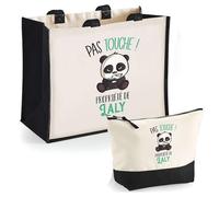 Duo Cabas Jute et Trousse Noire Laly Pas Touche Panda | Cadeau Anniversaire Noël Sac de Courses Pochette Femme Homme Shopping