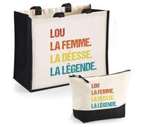 Duo Cabas Jute et Trousse Noire Lou Déesse Légende Vintage | Cadeau Anniversaire Fête des Mères Noël Sac de Courses Pochette Maquillage Cabas Femme Shopping