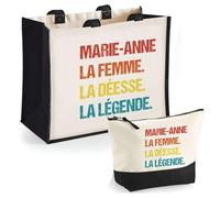 Duo Cabas Jute et Trousse Noire Marie-Anne Déesse Légende Vintage | Cadeau Anniversaire Fête des Mères Noël Sac de Courses Pochette Maquillage Cabas Femme Shopping