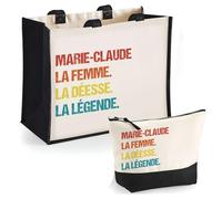 Duo Cabas Jute et Trousse Noire Marie-Claude Déesse Légende Vintage | Cadeau Anniversaire Fête des Mères Noël Sac de Courses Pochette Maquillage Cabas Femme Shopping