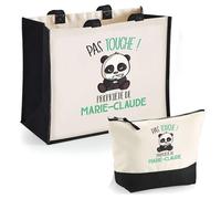 Duo Cabas Jute et Trousse Noire Marie-Claude Pas Touche Panda | Cadeau Anniversaire Noël Sac de Courses Pochette Femme Homme Shopping