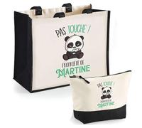 Duo Cabas Jute et Trousse Noire Martine Pas Touche Panda | Cadeau Anniversaire Noël Sac de Courses Pochette Femme Homme Shopping