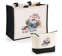 Duo Cabas Jute et Trousse Noire Maya à la Plage | Cadeau Anniversaire Fête des Mères Noël Sac de Courses Pochette Maquillage Cabas Femme Shopping