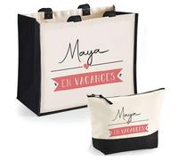 Duo Cabas Jute et Trousse Noire Maya en Vacances | Cadeau Anniversaire Fête des Mères Noël Sac de Courses Pochette Maquillage Cabas Femme Shopping