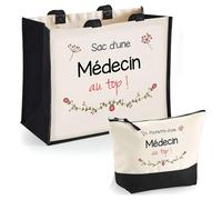 Duo cabas jute et trousse noire Médecin au top Cadeau humour femme Collègue Travail Retraite Remerciement Secret Santa sac shopping courses pratique pochette rangement