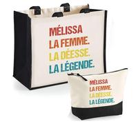 Duo Cabas Jute et Trousse Noire Mélissa Déesse Légende Vintage | Cadeau Anniversaire Fête des Mères Noël Sac de Courses Pochette Maquillage Cabas Femme Shopping