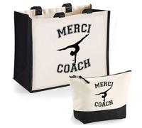 Duo cabas jute et trousse noire Merci Coach Gymnastique Cadeau Femme Homme, Remerciement fin d'Années, Retraite | Sac Shopping Courses Pochette Rangement