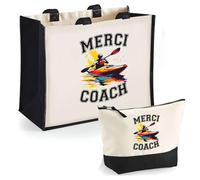 Duo cabas jute et trousse noire Merci Coach Kayak Cadeau Femme Homme, Remerciement fin d'Années, Retraite | Sac Shopping Courses Pochette Rangement
