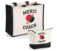 Duo cabas jute et trousse noire Merci Coach Ping Pong Cadeau Femme Homme, Remerciement fin d'Années, Retraite | Sac Shopping Courses Pochette Rangement
