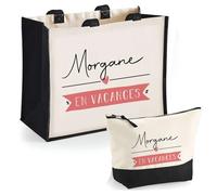 Duo Cabas Jute et Trousse Noire Morgane en Vacances | Cadeau Anniversaire Fête des Mères Noël Sac de Courses Pochette Maquillage Cabas Femme Shopping