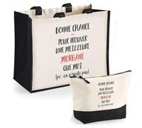 Duo Cabas Jute et Trousse Noire Morgane n'existe Pas | Cadeau Anniversaire Fête des Mères Noël Sac de Courses Pochette Maquillage Cabas Femme Shopping