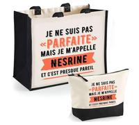 Duo Cabas Jute et Trousse Noire Nesrine Parfaite Cadeau Humour Femme Anniversaire Noël fête des Mères Mamie | Sac Shopping Courses et Pochette