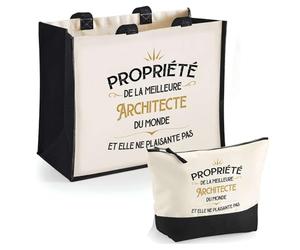 Duo Cabas Jute et Trousse Noire Propriété de la Meilleure Architecte Cadeau collègue Femme Humour Retraite Secret Santa | Sac Shopping Courses et Pochette