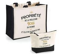 Duo cabas jute et trousse noire Propriété de la Meilleure Boss Cadeau collègue femme humour retraite secret santa | Sac shopping courses et pochette