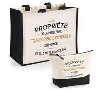 Duo cabas jute et trousse noire Propriété de la Meilleure Gardienne d'immeuble Cadeau collègue femme humour retraite secret santa | Sac shopping courses et pochette