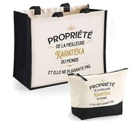 Duo cabas jute et trousse noire Propriété de la Meilleure Karatéka Cadeau collègue femme humour retraite secret santa | Sac shopping courses et pochette