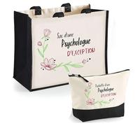 Duo cabas jute et trousse noire Psychologue d'exception Cadeau humour femme Collègue Travail Retraite Remerciement Secret Santa sac shopping courses pratique pochette rangement