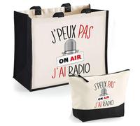 Duo Cabas Jute et Trousse Noire Radio on AIR J'peux Pas | Cadeau Anniversaire Noël Sac de Courses Pochette Femme Homme Shopping