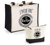 Duo Cabas Jute et Trousse Noire Rallye J'peux Pas | Cadeau Anniversaire Noël Sac de Courses Pochette Femme Homme Shopping