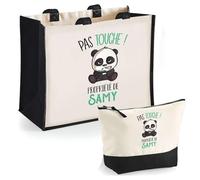 Duo Cabas Jute et Trousse Noire Samy Pas Touche Panda | Cadeau Anniversaire Noël Sac de Courses Pochette Femme Homme Shopping