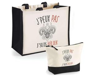 Duo Cabas Jute et Trousse Noire Signe Bélier Astrologie J'peux Pas | Cadeau Anniversaire Noël Sac de Courses Pochette Femme Homme Shopping