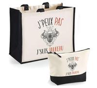 Duo Cabas Jute et Trousse Noire Signe Taureau Astrologie J'peux Pas | Cadeau Anniversaire Noël Sac de Courses Pochette Femme Homme Shopping