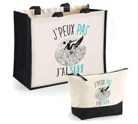 Duo Cabas Jute et Trousse Noire Surf J'peux Pas | Cadeau Anniversaire Noël Sac de Courses Pochette Femme Homme Shopping