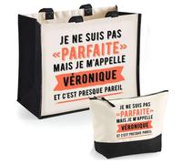 Duo cabas jute et trousse noire Véronique Parfaite Cadeau humour femme Anniversaire Noël fête des Mères Mamie | Sac shopping courses et pochette