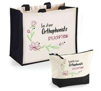 Duo cabas jute et trousse Orthophoniste d'exception Cadeau Collègue Anniversaire Noël | Sac de courses Pochette Maquillage Shopping