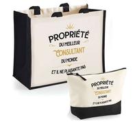Duo cabas jute et trousse Propriété du Meilleur Consultant Cadeau Anniversaire Noël | Sac de courses Pochette Maquillage Shopping