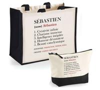 Duo cabas jute et trousse Sébastien Définition Cadeau Prénom Homme Anniversaire Noël | Sac de courses Pochette Maquillage Shopping