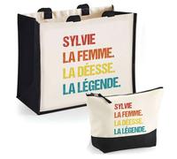Duo cabas jute et trousse Sylvie Déesse Légende Vintage Cadeau Anniversaire Noël | Sac de courses Pochette Maquillage Shopping
