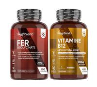 Duo Complémentaire - Vitamine B12 avec Fer Bisglycinate - B12 Méthylcobalamine 1000mcg 450 Micro Comprimés - Fer, 400 Micro Comprimés (pour +1 An) - Convient aux régimes Vegans et Végétariens