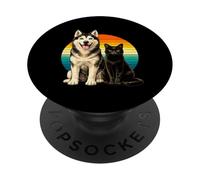 Duo d'amitié rétro Husky Black Cat PopSockets PopGrip Adhésif
