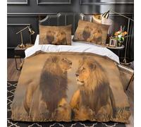 Duo de Lions 3D Imprimé Drap de Couette 3 pièces Microfibre éclair caché Portrait d'animal Sauvage Housse de Couette 2 taies Entretien Facile Adultes Couples King（220x240cm）