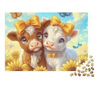 Duo de Veaux Mignons Puzzle 1000 Pièces Papier Adulte Champ de Tournesols Papillons Détente Concentration Famille Décoration Cadeau 38x26cm/1000pcs