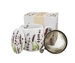 DUO FLORAL Gobelet Fassbecher 430 ml CLASSIC LAVENDER avec infuseur à thé, porcelaine New Bone China