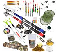 Duo HIT Lot de 2 cannes à pêche télescopiques de 2,7 m, 2 moulinets de pêche, sac de pêche, filet, engrenages et accessoires - Kit complet de flotteur et d'atterrissage pour débutants sur le lac