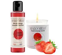 Duo massage sensuel I Huile de massage comestible érotique sexuelle lubrifiante & Bougie de massage sensuelle gourmande I Fraise I MALOMELO