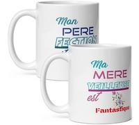 Duo Mug mère père amour - Tasses mon papa perfection et ma maman merveilleuse - Mugs papa maman humour n°1 à offrir - Tasses cadeau fête anniversaire Noël céramique 325ml café thé petit déjeuner