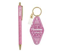 Duo paillettes porte cles motel et stylo poulette