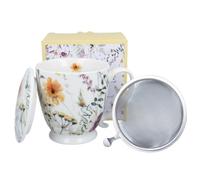 Duo Tasse PANSY avec pied, 500 ml, couvercle et infuseur à thé, porcelaine New Bone China