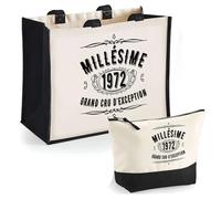 Duo Trousse et Cabas Jute Noir 1972 Millésime Grand Cru | Sac de Courses Pochette Maquillage Cadeau Anniversaire Femme Homme Shopping