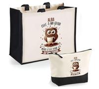 Duo Trousse et Cabas Jute Noir Alba Chouette Grain | Sac de Courses Pochette Maquillage Cadeau Femme Anniversaire Shopping