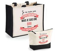 Duo Trousse et Cabas Jute Noir Bibi Superwoman | Sac de Courses Pochette Maquillage Cadeau Anniversaire Femme Saint Valentin Copine