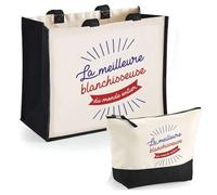 Duo Trousse et Cabas Jute Noir Blanchisseuse Meilleure du Monde Entier | Sac de Courses Pochette Maquillage Cadeau Femme Anniversaire Shopping