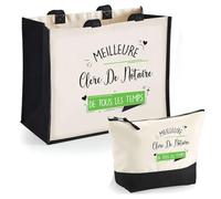 Duo Trousse et Cabas Jute Noir Clerc de Notaire Meilleure de Tous Les Temps Femme | Sac de Courses Pochette Maquillage Cadeau Anniversaire Shopping